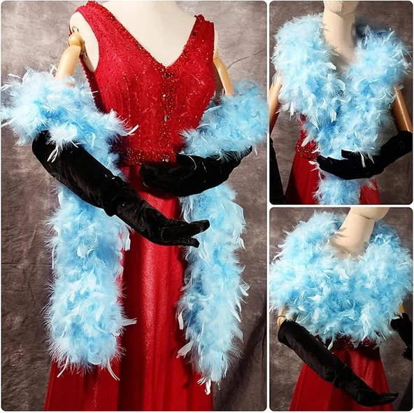 Açık Mavi Renk Kabarık Kalın Otriş Boa Tüy 6 cm Genişlik 180-200 cm Uzunluk - Resim 3