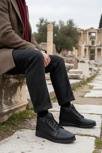 Muggo TİTAN Hakiki Deri İçi Kürklü Fermuarlı ve Bağcıklı Erkek Kışlık Bot - 4