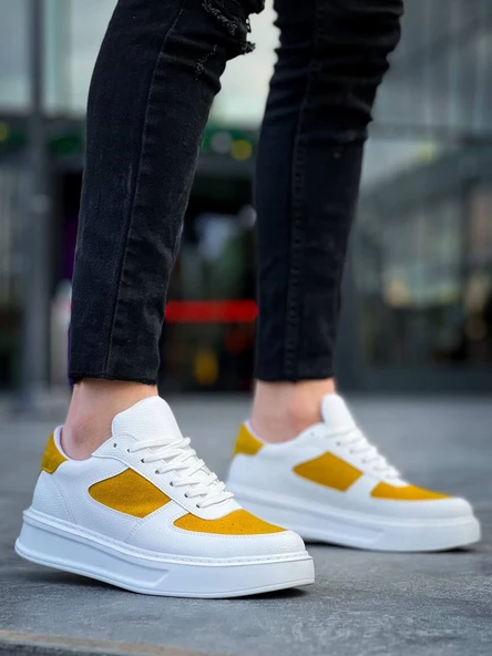 KB-X8 Kuback Beyaz Cilt Sarı Süet Detaylı Beyaz Yüksek Taban Günlük Spor Ayakkabı - Resim 3