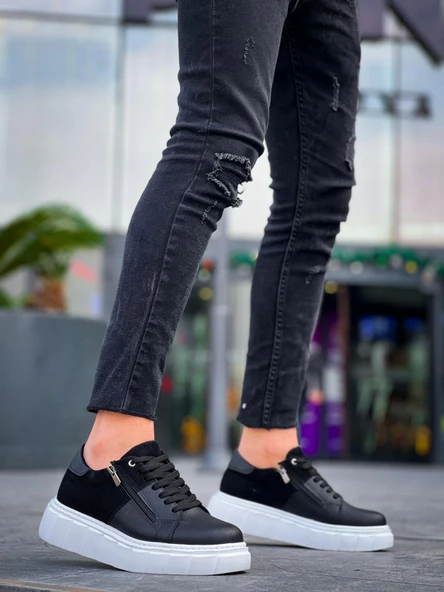 KB-X155 Kuback Siyah Cilt Siyah Süet Detaylı Beyaz Yüksek Taban Günlük Spor Ayakkabı - Resim 3