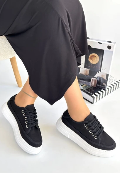 Carin Siyah Keten Bağcıklı Spor Ayakkabı - Resim 4