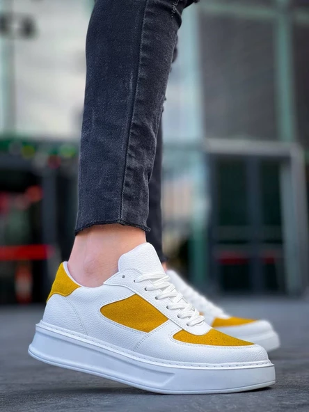 KB-X8 Kuback Beyaz Cilt Sarı Süet Detaylı Beyaz Yüksek Taban Günlük Spor Ayakkabı - Resim 2