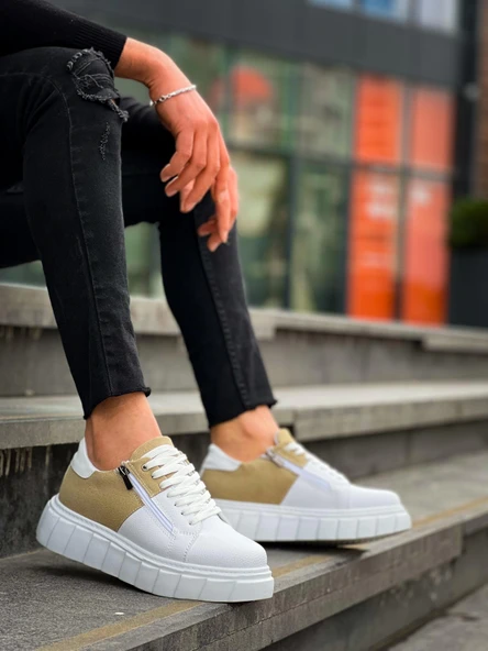 KB-X155 Kuback Beyaz Cilt Bej Süet Detaylı Beyaz Yüksek Taban Günlük Spor Ayakkabı ürün görseli