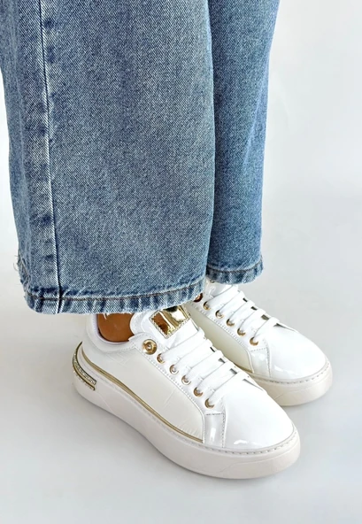 Hley Beyaz Rugan Paraşüt Detaylı Bağcıklı Spor Ayakkabı - Resim 3