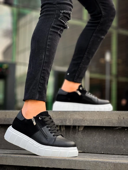 KB-X155 Kuback Siyah Cilt Siyah Süet Detaylı Beyaz Yüksek Taban Günlük Spor Ayakkabı - Resim 2