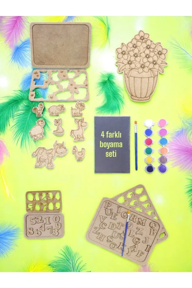 sharp&art Ev-Okul Etkinliği Ahşap Puzzle 4'lü Boyama Seti, 12 Renk Boya ve Fırça ile...