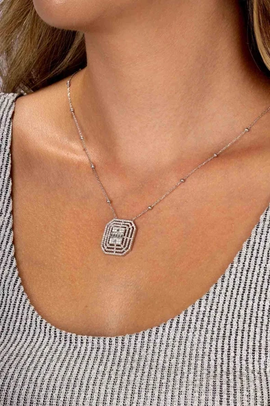 Gümüş Pazarım Baget Taşlı Emeral Kesim Pırlanta Montür Gümüş Kadın Kolye - Resim 3