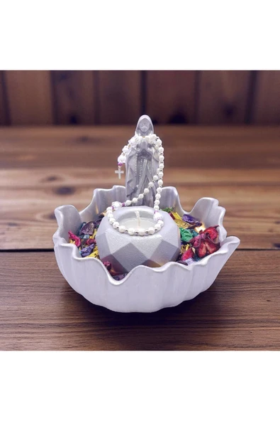 sharp&art Meryem Ana Heykelciği ve Mumluk, Kurutulmuş Yapraklar ve Led Işık ile, 4 farklı renk - Resim 2