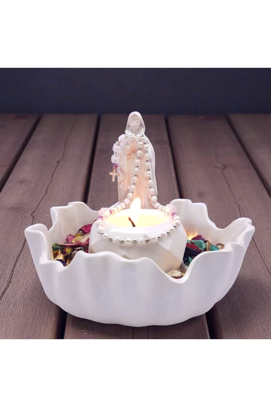 sharp&art Meryem Ana Heykelciği ve Mumluk, Kurutulmuş Yapraklar ve Led Işık ile, 4 farklı renk - Resim 2