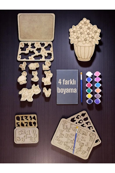 sharp&art Ev-Okul Etkinliği Ahşap Puzzle 4'lü Boyama Seti, 12 Renk Boya ve Fırça ile... - 6