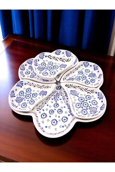 sharp&art Kahvaltı Takımı, Detaylı El İşlemesi, Kabartma Nazar Boncuğu Temalı Seramik 2 Farklı Kahvaltılık Set - 1