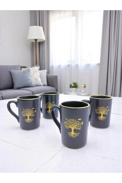 sharp&art HAYAT AĞACI TEMALI 4 KİŞİLİK RİMLİ KAHVE VE ÇAY FİNCAN TAKIMI - 1