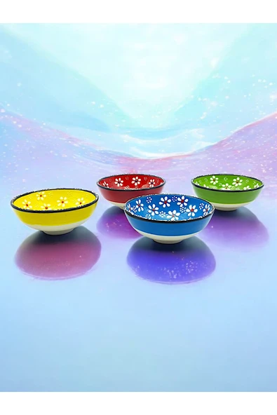 sharp&art %100 El İşlemesi Kabartma Papatya Desenli 12 Cm 4'lü Sos, Meze, Salata Kase Seti - 4
