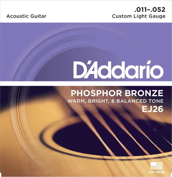 DADDARIO EJ26 AKUSTİK GİTAR TEL SETİ, 11-52, PHOSPHOR BRONZE, CUSTOM LIGHT - 1