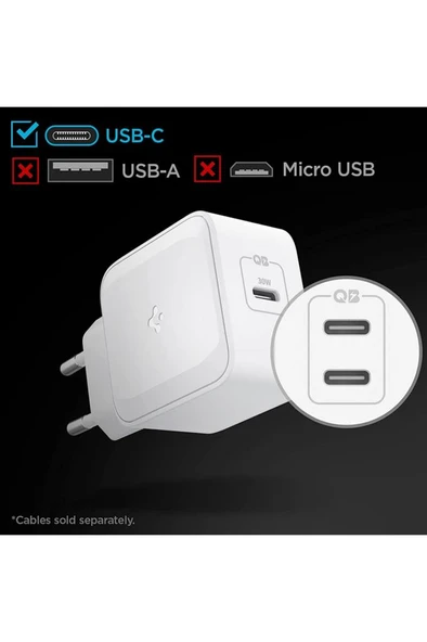 Spigen 30W GaN USB-C Adaptör Hızlı Şarj Aleti iPhone&Android&iPad&MacBook Type-C PE2008 White Outlet - 6