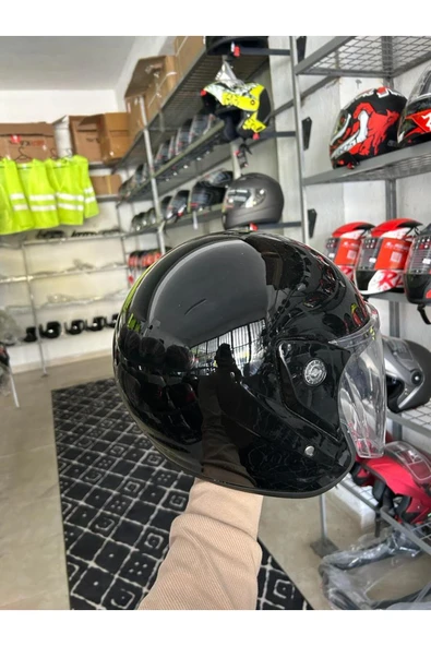 Motosiklet Yarım Kask İthal Parlak Siyah - Resim 2
