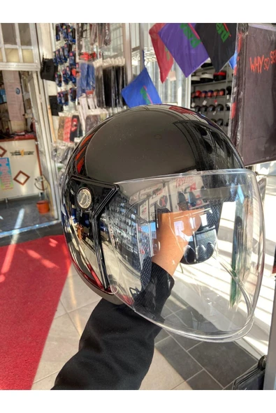 Uygun Motor Motorsiklet Yazlık Yarım Kask 1 Sınıf Kalite Parlak Siyah - Resim 3