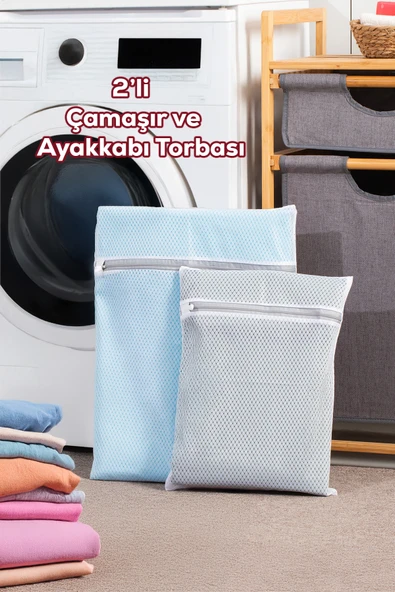 Porsima 2li Çamaşır Yıkama Filesi Fermuarlı Bölmeli Ayakkabı Yıkama Filesi Deforme Önleyici Torba File