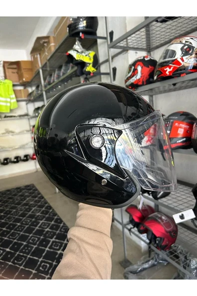 Motosiklet Yarım Kask İthal Parlak Siyah - Resim 5