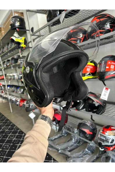 Motosiklet Yarım Kask İthal Parlak Siyah - Resim 4