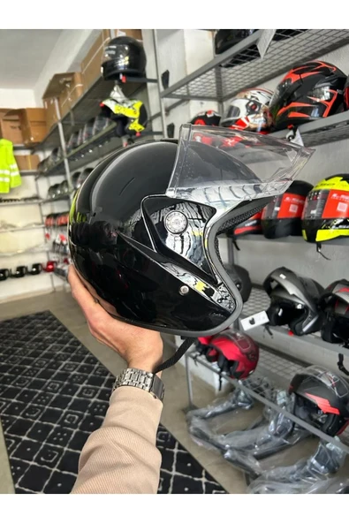 Motosiklet Yarım Kask İthal Parlak Siyah - Resim 3