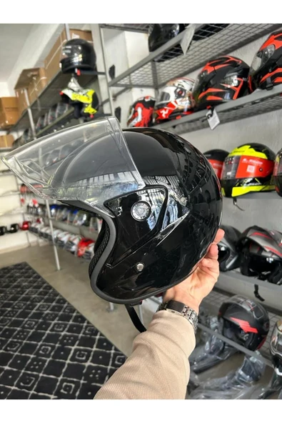 Motosiklet Yarım Kask İthal Parlak Siyah - Resim 6