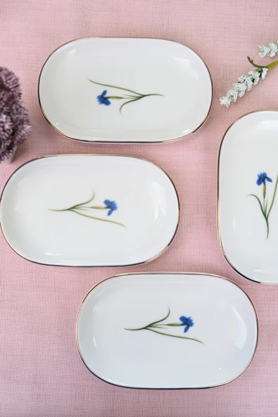 Tabak Evi Porselen Natura İris Altın Yaldızlı Oval Kayık Tabak 27,50x17,50x3cm 4 LÜ - Resim 5