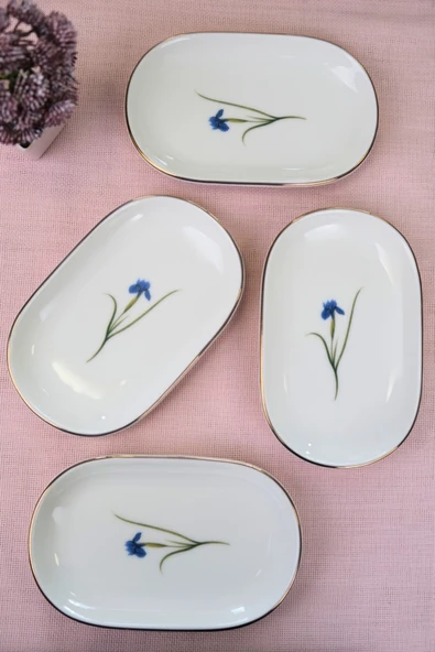 Tabak Evi Porselen Natura İris Altın Yaldızlı Oval Kayık Tabak 27,50x17,50x3cm 4 LÜ - Resim 4