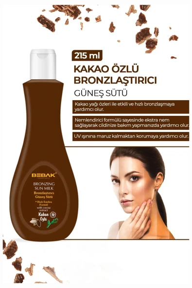 Bebak Kakao Özlü Bronzlaştırıcı Süt – Etkili ve Doğal Bronzluk Sağlayan Vücut Losyonu, 215 ml