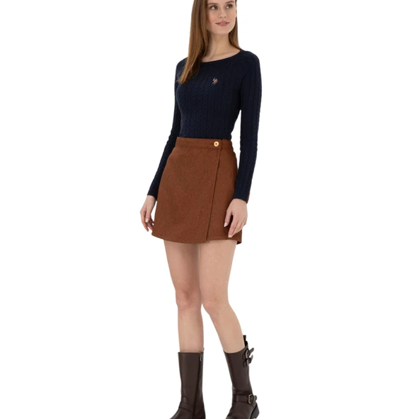 Kadın Kahverengi Mini Boy Dokuma Şort Etek - Resim 7