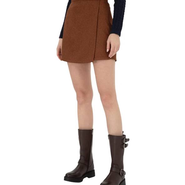 Kadın Kahverengi Mini Boy Dokuma Şort Etek - Resim 3