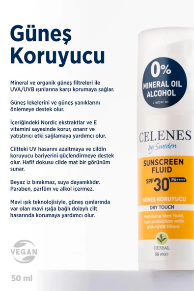 Celenes by Sweden Herbal SPF30 Fluid Dry Touch Güneş Kremi – Mat Bitişli, Bitkisel Formül, Yüz ve Dekolte Bölgesi İçin, 50 ml - 2
