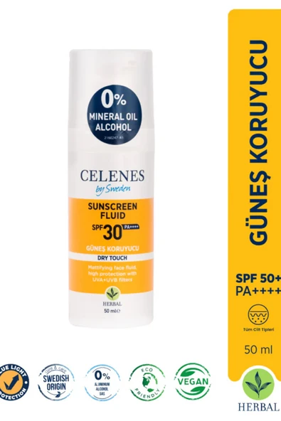 Celenes by Sweden Herbal SPF30 Fluid Dry Touch Güneş Kremi – Mat Bitişli, Bitkisel Formül, Yüz ve Dekolte Bölgesi İçin, 50 ml