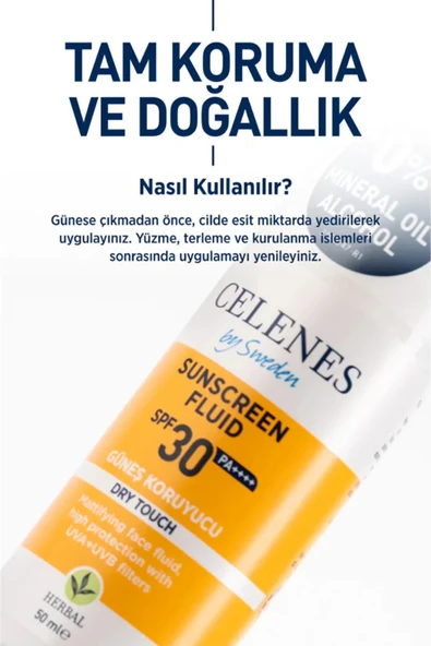 Celenes by Sweden Herbal SPF30 Fluid Dry Touch Güneş Kremi – Mat Bitişli, Bitkisel Formül, Yüz ve Dekolte Bölgesi İçin, 50 ml - 3
