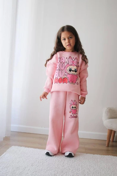 KIZ ÇOCUK LABUBU MODELLİ 3 İPLİK ŞARDONLU EŞOFMAN TAKIMI - Resim 5