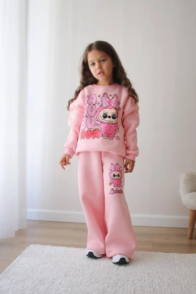 KIZ ÇOCUK LABUBU MODELLİ 3 İPLİK ŞARDONLU EŞOFMAN TAKIMI - Resim 4