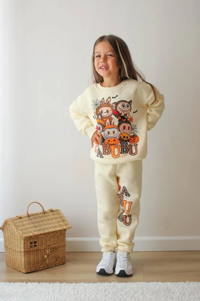 KIZ ÇOCUK LABUBU MODELLİ 3 İPLİK ŞARDONLU EŞOFMAN TAKIMI - Resim 9