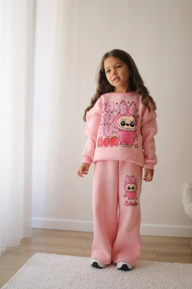 KIZ ÇOCUK LABUBU MODELLİ 3 İPLİK ŞARDONLU EŞOFMAN TAKIMI - Resim 6