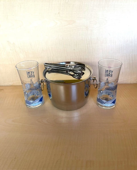 2ADET ŞEHİR SERİSİ RAKI BARDAĞI ASPENDOS RAKI VE ÇELİK BUZ KOVASI ÇİF KATMANLI MAŞALI KAPAKLI - 2