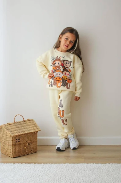 KIZ ÇOCUK LABUBU MODELLİ 3 İPLİK ŞARDONLU EŞOFMAN TAKIMI - Resim 8