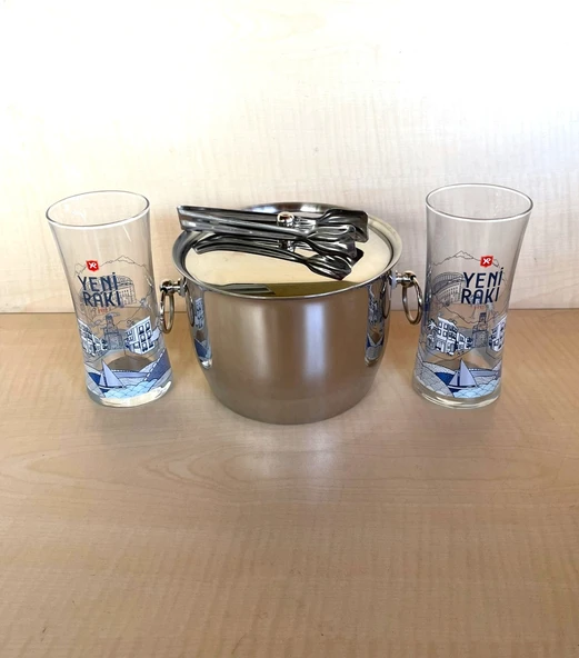2ADET ŞEHİR SERİSİ RAKI BARDAĞI ASPENDOS RAKI VE ÇELİK BUZ KOVASI ÇİF KATMANLI MAŞALI KAPAKLI