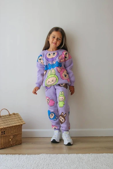 KIZ ÇOCUK LABUBU MODELLİ 3 İPLİK ŞARDONLU EŞOFMAN TAKIMI - Resim 10