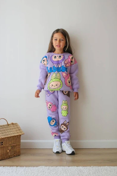 KIZ ÇOCUK LABUBU MODELLİ 3 İPLİK ŞARDONLU EŞOFMAN TAKIMI - Resim 12