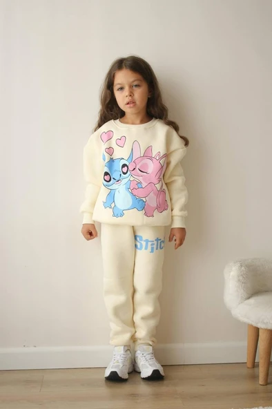 KIZ ÇOCUK STİTCH MODELLİ 3 İPLİK ŞARDONLU EŞOFMAN TAKIMI - Resim 2