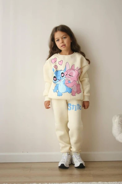KIZ ÇOCUK STİTCH MODELLİ 3 İPLİK ŞARDONLU EŞOFMAN TAKIMI ürün görseli