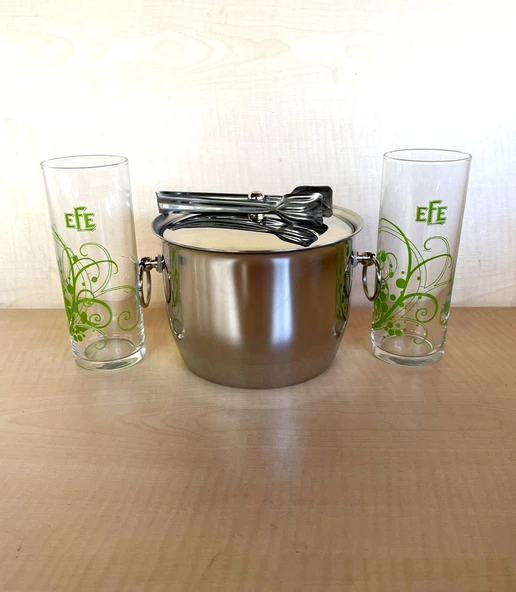 2 ADET YEŞİL EFE RAKI BARDAĞI 1 ADET ÇELİK BUZ KOVASI ÇİF KATMANLI MAŞALI KAPAKLI KOVA - 2