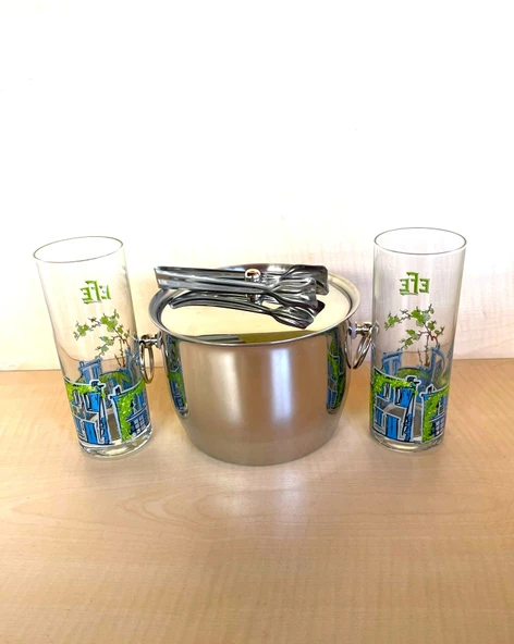 2 ADET EFE ÖZEL SERİ RAKI BARDAĞI 1 ADET ÇELİK BUZ KOVASI ÇİF KATMANLI MAŞALI KAPAKLI KOVA - 2
