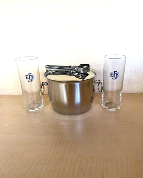 2 ADET UZUN İNCE CAM EFE RAKI BARDAĞI 1 ADET ÇELİK BUZ KOVASI ÇİF KATMANLI MAŞALI KAPAKLI KOVA