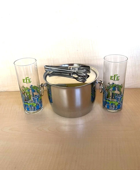 2 ADET EFE ÖZEL SERİ RAKI BARDAĞI 1 ADET ÇELİK BUZ KOVASI ÇİF KATMANLI MAŞALI KAPAKLI KOVA