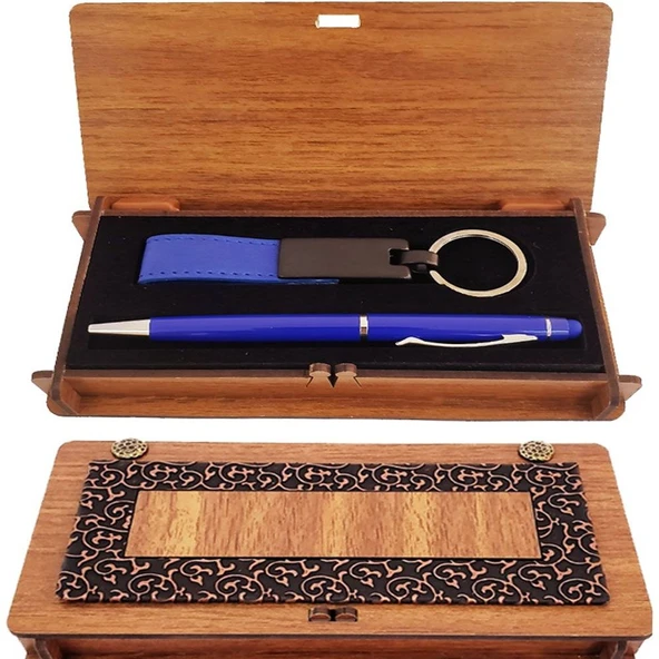 Ahşap Kutulu Koyu Mavi Kalem ve Anahtarlık Set - 1